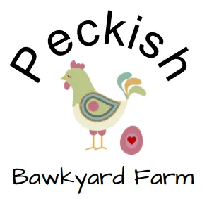 Hand-drawn Peckish Bawkyard Farm signature with a bird and an egg